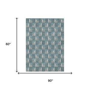 5 X 8 Teal Gray Geometric Polyester Area Rug Washable Stain Resistant Indoor Outdoor