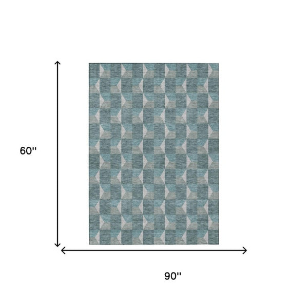 5 X 8 Teal Gray Geometric Polyester Area Rug Washable Stain Resistant Indoor Outdoor