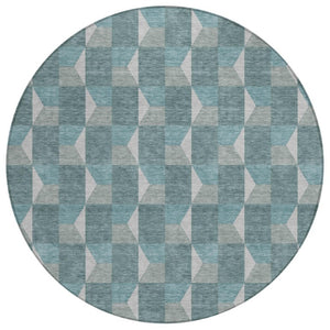 HomeRoots 8 Ft Round Geometric Polyester Area Rug Teal Gray Washable Indoor Outdoor Use 736338