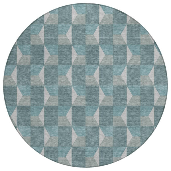 HomeRoots 8 Ft Round Geometric Polyester Area Rug Teal Gray Washable Indoor Outdoor Use 736338