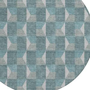 8 Ft Round Geometric Polyester Area Rug Teal Gray Washable Indoor Outdoor Use