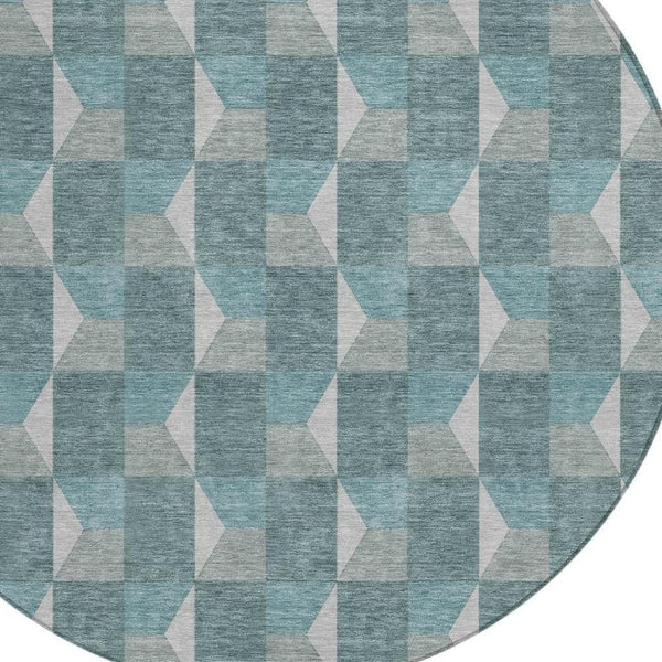 8 Ft Round Geometric Polyester Area Rug Teal Gray Washable Indoor Outdoor Use