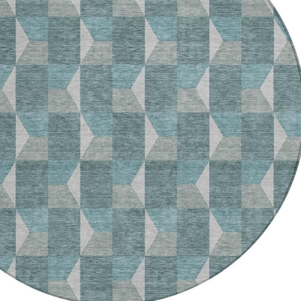 8 Ft Round Geometric Polyester Area Rug Teal Gray Washable Indoor Outdoor Use