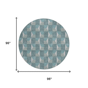 8 Ft Round Geometric Polyester Area Rug Teal Gray Washable Indoor Outdoor Use