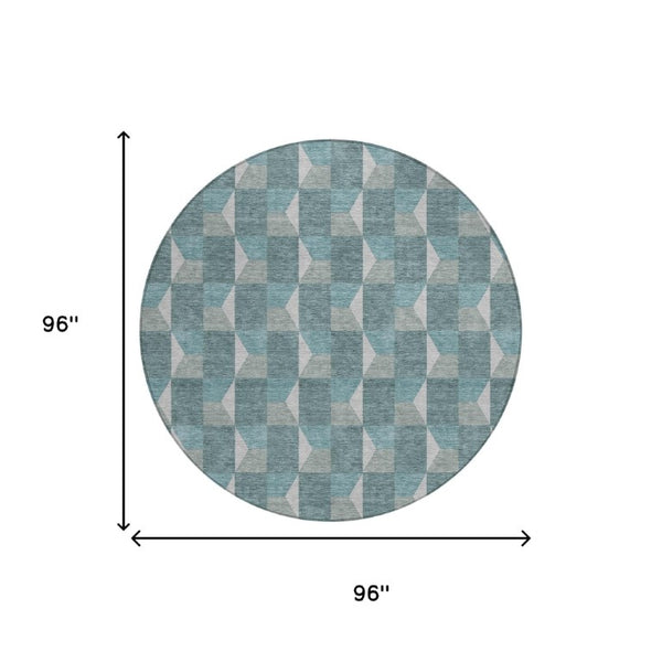 8 Ft Round Geometric Polyester Area Rug Teal Gray Washable Indoor Outdoor Use