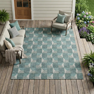8 Ft X 10 Ft Teal Gray Geometric Polyester Washable Rug for Patio or Living Room