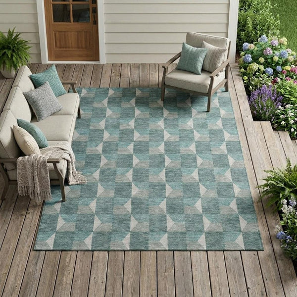 8 Ft X 10 Ft Teal Gray Geometric Polyester Washable Rug for Patio or Living Room