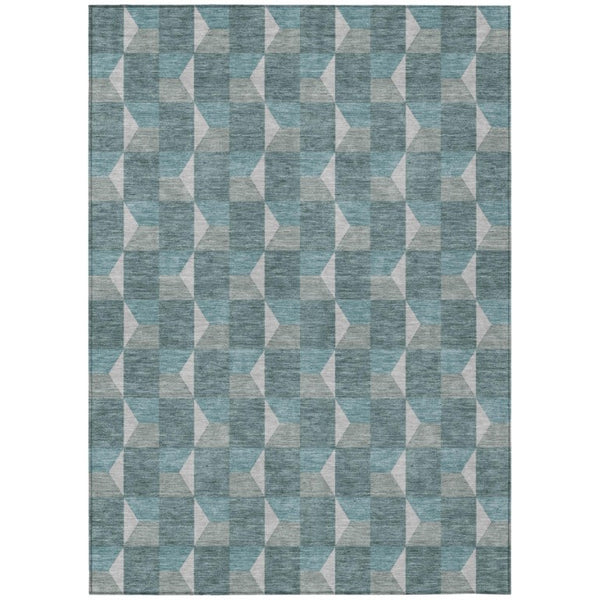 HomeRoots 8 Ft X 10 Ft Teal Gray Geometric Polyester Washable Rug for Patio or Living Room 736339