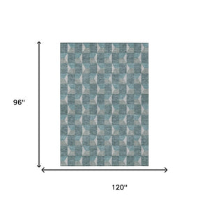 8 Ft X 10 Ft Teal Gray Geometric Polyester Washable Rug for Patio or Living Room