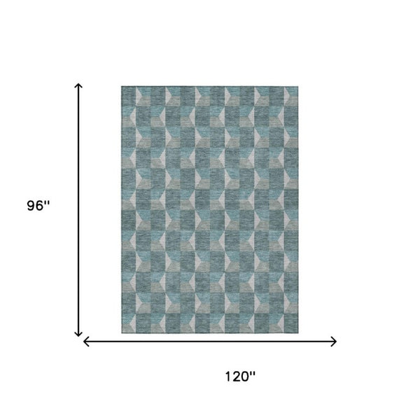 8 Ft X 10 Ft Teal Gray Geometric Polyester Washable Rug for Patio or Living Room