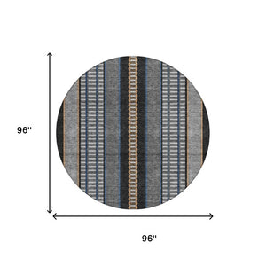8 Foot Round Striped Polyester Area Rug Washable for Indoor Outdoor Use