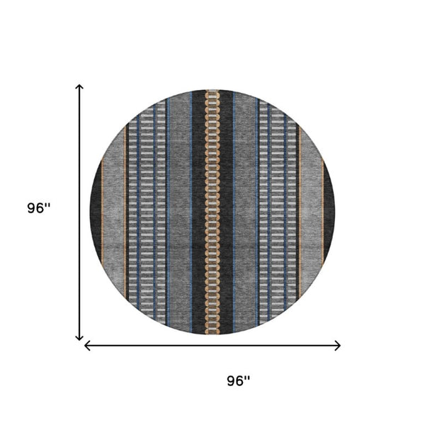 8 Foot Round Striped Polyester Area Rug Washable for Indoor Outdoor Use