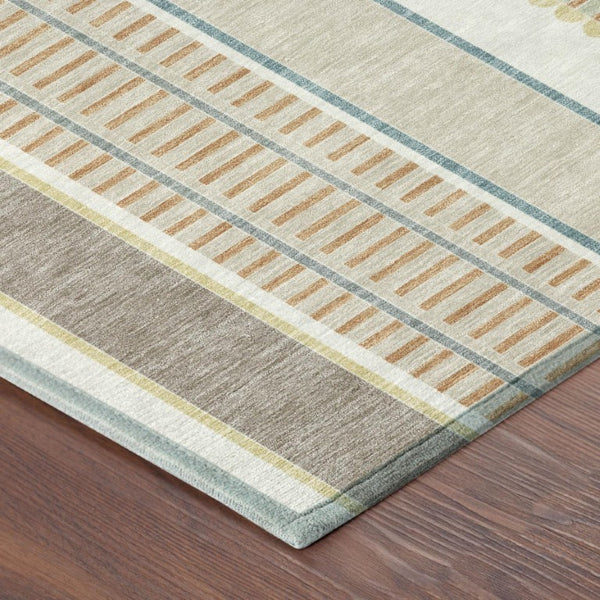 5x8 Ivory Fern Green Stripe Polyester Area Rug Washable for Patio Porch or Living Room