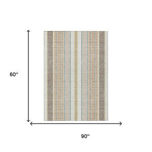 5x8 Ivory Fern Green Stripe Polyester Area Rug Washable for Patio Porch or Living Room