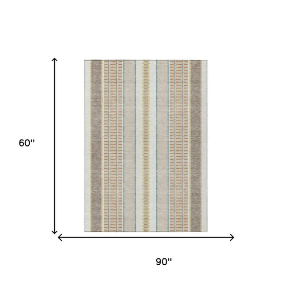 5x8 Ivory Fern Green Stripe Polyester Area Rug Washable for Patio Porch or Living Room