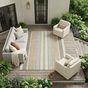 9 X 12 Ivory Fern Green Stripe Polyester Indoor Outdoor Washable Area Rug