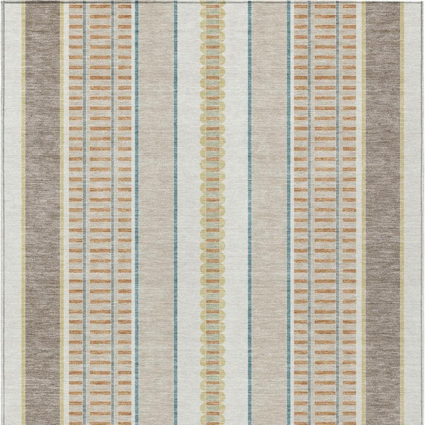 9 X 12 Ivory Fern Green Stripe Polyester Indoor Outdoor Washable Area Rug