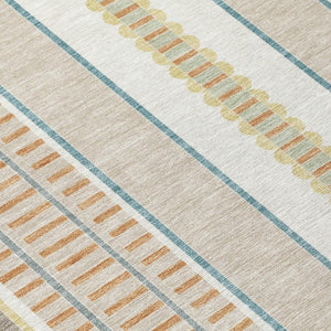 9 X 12 Ivory Fern Green Stripe Polyester Indoor Outdoor Washable Area Rug