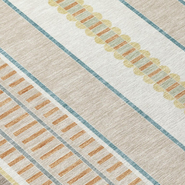 9 X 12 Ivory Fern Green Stripe Polyester Indoor Outdoor Washable Area Rug