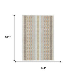 9 X 12 Ivory Fern Green Stripe Polyester Indoor Outdoor Washable Area Rug