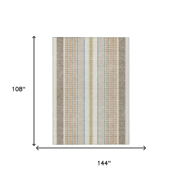 9 X 12 Ivory Fern Green Stripe Polyester Indoor Outdoor Washable Area Rug