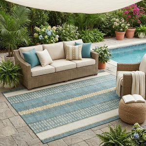 5x8 Teal Gold Striped Polyester Area Rug Washable Stain Resistant Indoor Outdoor