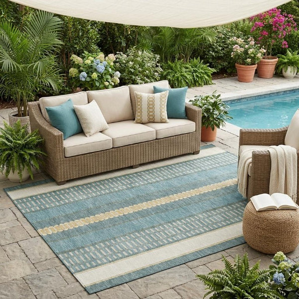 5x8 Teal Gold Striped Polyester Area Rug Washable Stain Resistant Indoor Outdoor