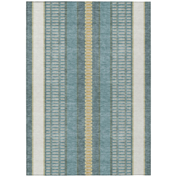 HomeRoots 5x8 Teal Gold Striped Polyester Area Rug Washable Stain Resistant Indoor Outdoor 736373