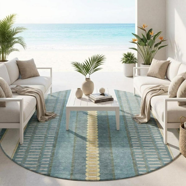 8 Ft Round Teal Gold Striped Polyester Rug Washable for Patio Porch or Family Room