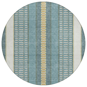 HomeRoots 8 Ft Round Teal Gold Striped Polyester Rug Washable for Patio Porch or Family Room 736374