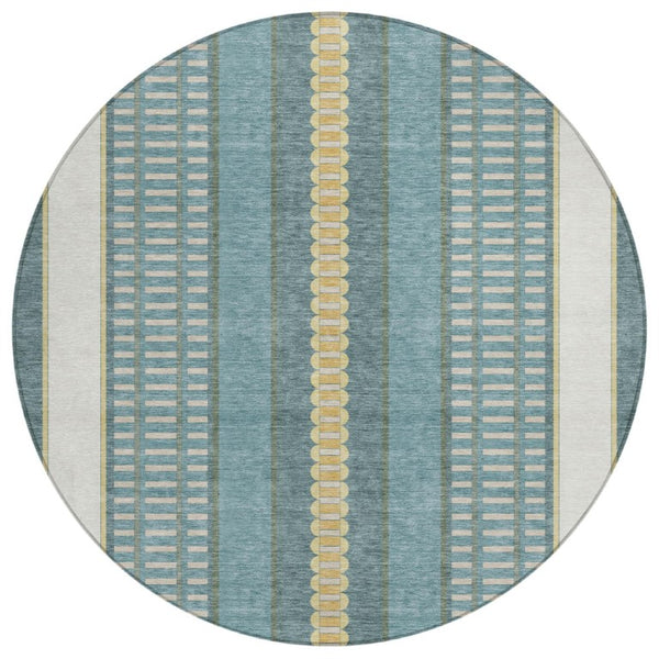 HomeRoots 8 Ft Round Teal Gold Striped Polyester Rug Washable for Patio Porch or Family Room 736374