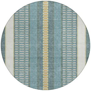 8 Ft Round Teal Gold Striped Polyester Rug Washable for Patio Porch or Family Room