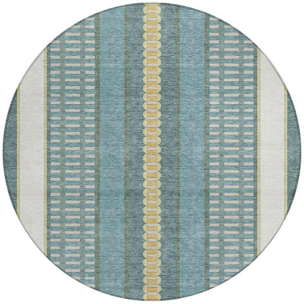 8 Ft Round Teal Gold Striped Polyester Rug Washable for Patio Porch or Family Room