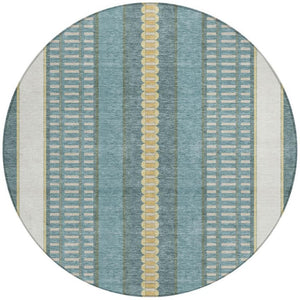 8 Ft Round Teal Gold Striped Polyester Rug Washable for Patio Porch or Family Room