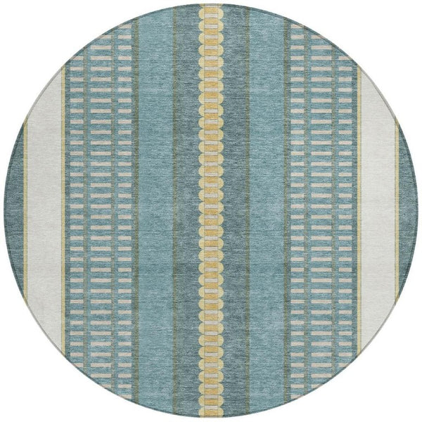 8 Ft Round Teal Gold Striped Polyester Rug Washable for Patio Porch or Family Room