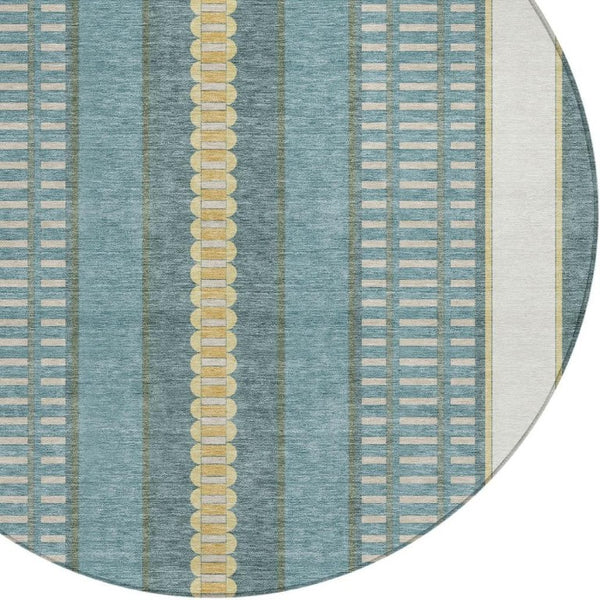 8 Ft Round Teal Gold Striped Polyester Rug Washable for Patio Porch or Family Room