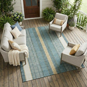 8 X 10 Striped Polyester Area Rug Washable Teal Gold Indoor Outdoor Patio