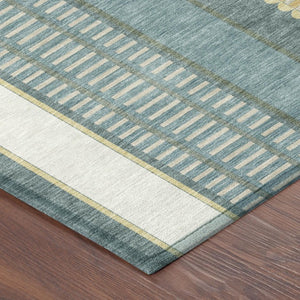 8 X 10 Striped Polyester Area Rug Washable Teal Gold Indoor Outdoor Patio