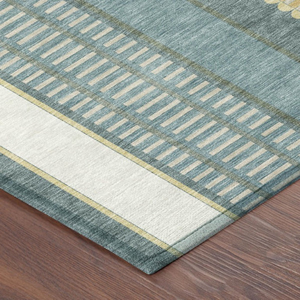 8 X 10 Striped Polyester Area Rug Washable Teal Gold Indoor Outdoor Patio