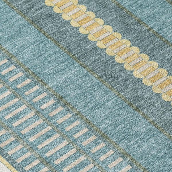 8 X 10 Striped Polyester Area Rug Washable Teal Gold Indoor Outdoor Patio