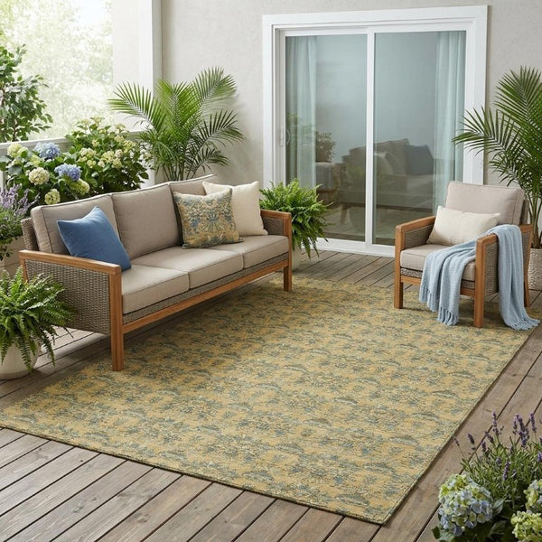 5x8 Gold Silver Floral Polyester Area Rug Stain Resistant for Indoor Outdoor Use