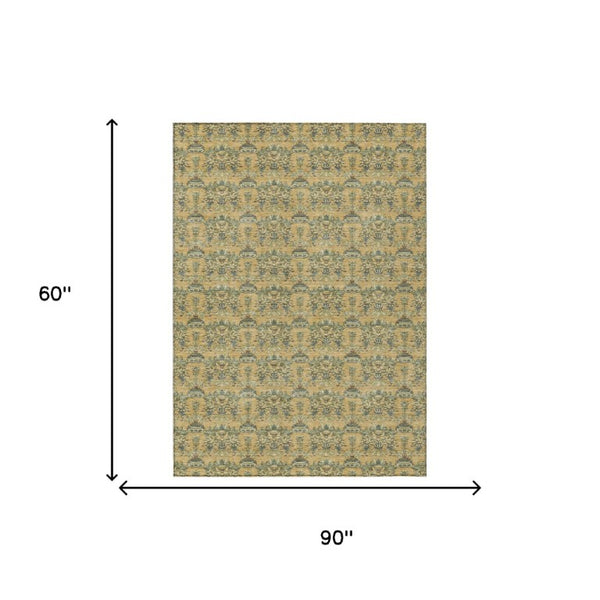5x8 Gold Silver Floral Polyester Area Rug Stain Resistant for Indoor Outdoor Use