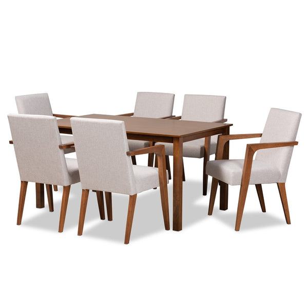 Baxton Studio Baxton Studio Glenda Mid-Century Modern Dining Set in Greyish Beige with Walnut Brown Finish 7-Piece BBT5267-Greyish Beige/Walnut-7PC Dining Set