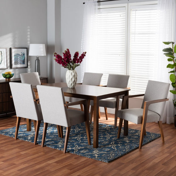 Baxton Studio Baxton Studio Glenda Mid-Century Modern Dining Set in Greyish Beige with Walnut Brown Finish 7-Piece BBT5267-Greyish Beige/Walnut-7PC Dining Set