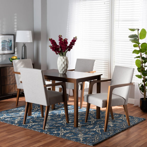 Baxton Studio Baxton Studio Glenda Mid-Century Modern Dining Set in Greyish Beige with Walnut Brown Finish 5-Piece BBT5267-Greyish Beige/Walnut-5PC Dining Set