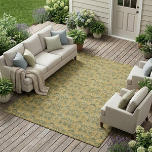 9x12 Gold Silver Floral Polyester Area Rug Washable Stain Resistant Indoor Outdoor