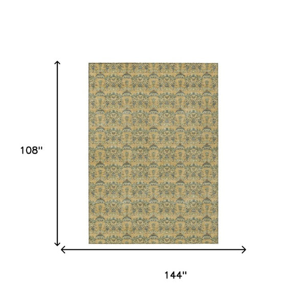 9x12 Gold Silver Floral Polyester Area Rug Washable Stain Resistant Indoor Outdoor
