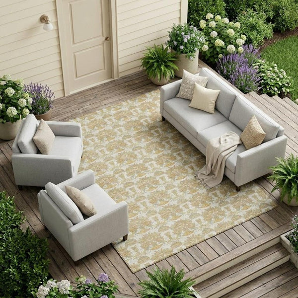 9 X 12 Ivory Floral Polyester Area Rug Stain Resistant for Indoor Outdoor Use