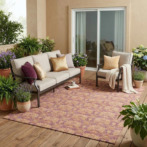 5x8 Mauve Taupe Floral Polyester Area Rug Washable Stain Resistant Indoor Outdoor