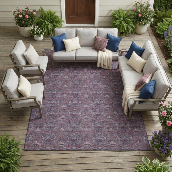 8x10 Floral Polyester Area Rug Washable Stain Resistant Indoor Outdoor Plum Gray